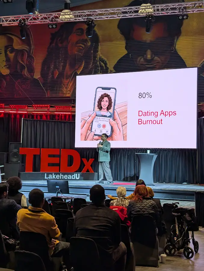 Arron Lin presenting a slide about dating app burnout